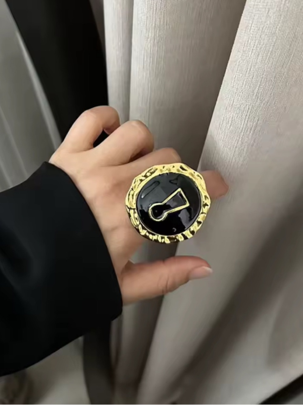 Fashion Jewelry Black and Gold Enamel Statement Ring